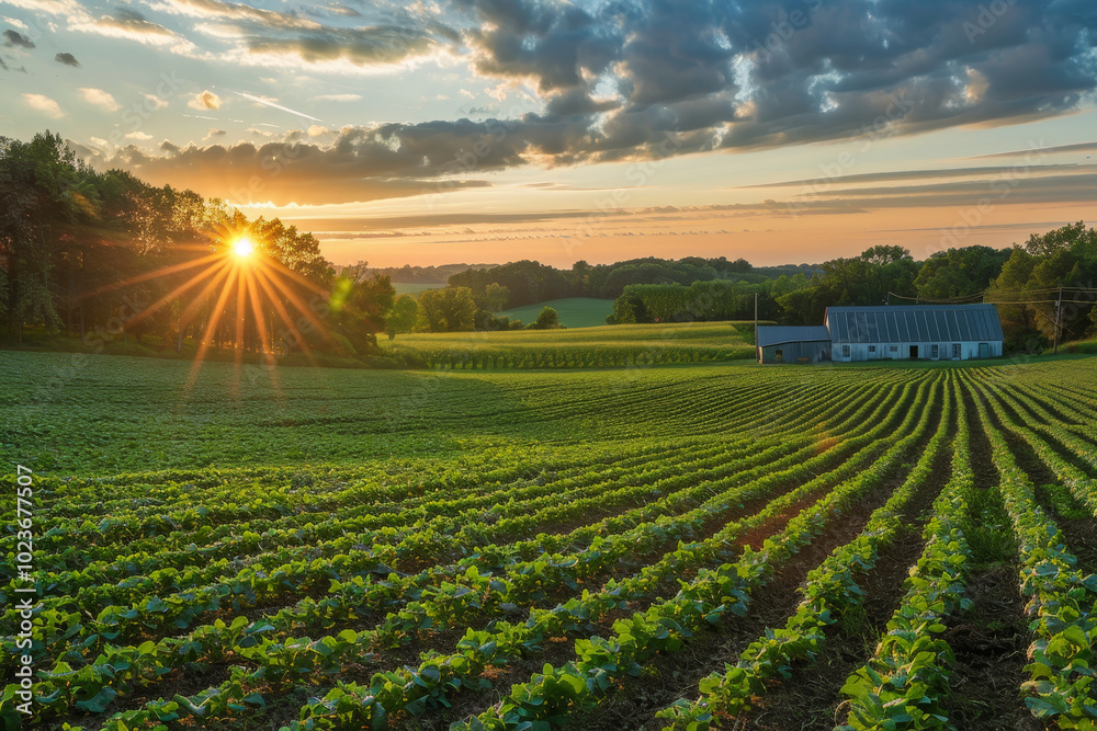 A field of crops with a sun shining on it A field of crops with a sun shining on it
