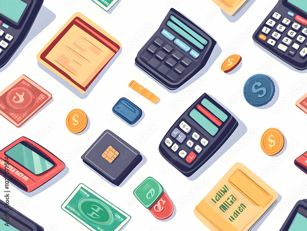 Seamless Tile Design of Flat Icons Featuring Calculator, Cash Register, and Credit Card Terminal on Minimalist White Background for Financial Transactions and Business Processes Seamless Tile Design of Flat Icons Featuring Calculator, Cash Register, and Credit Card Terminal on Minimalist White Background for Financial Transactions and Business Processes