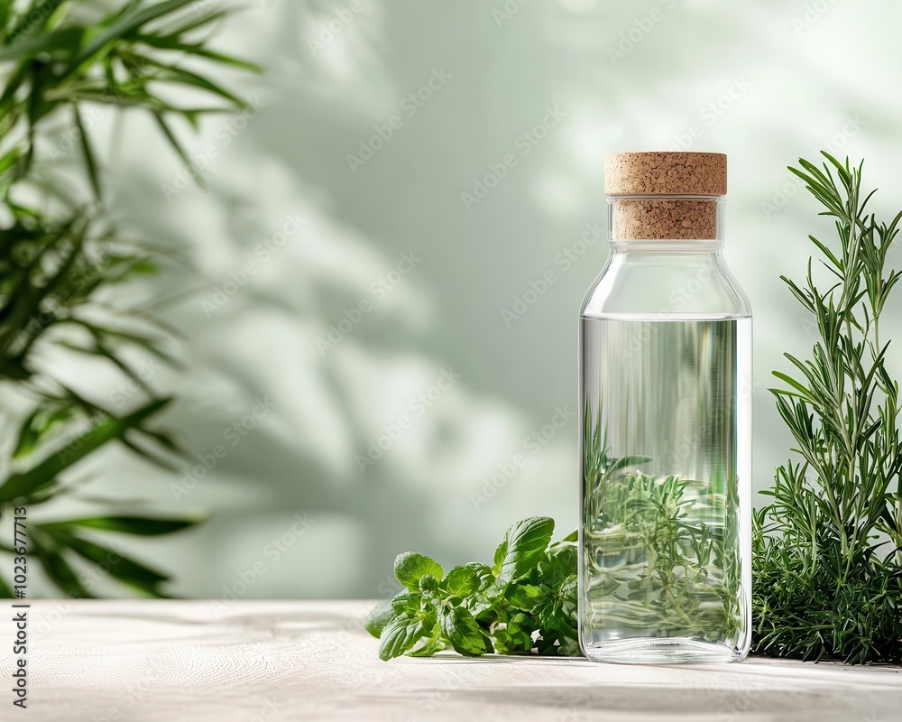 Glass water bottle with a cork grip, surrounded by fresh herbs and sunlight in an outdoor setting Glass water bottle with a cork grip, surrounded by fresh herbs and sunlight in an outdoor setting