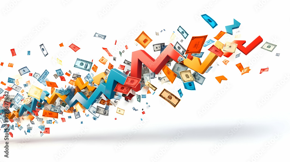 Dynamic 3D Floating Discount Arrows with Currency Symbols and Promotional Tags for Financial Marketing in Business Contexts - Isolated Vector Graphic on White Background Dynamic 3D Floating Discount Arrows with Currency Symbols and Promotional Tags for Financial Marketing in Business Contexts - Isolated Vector Graphic on White Background