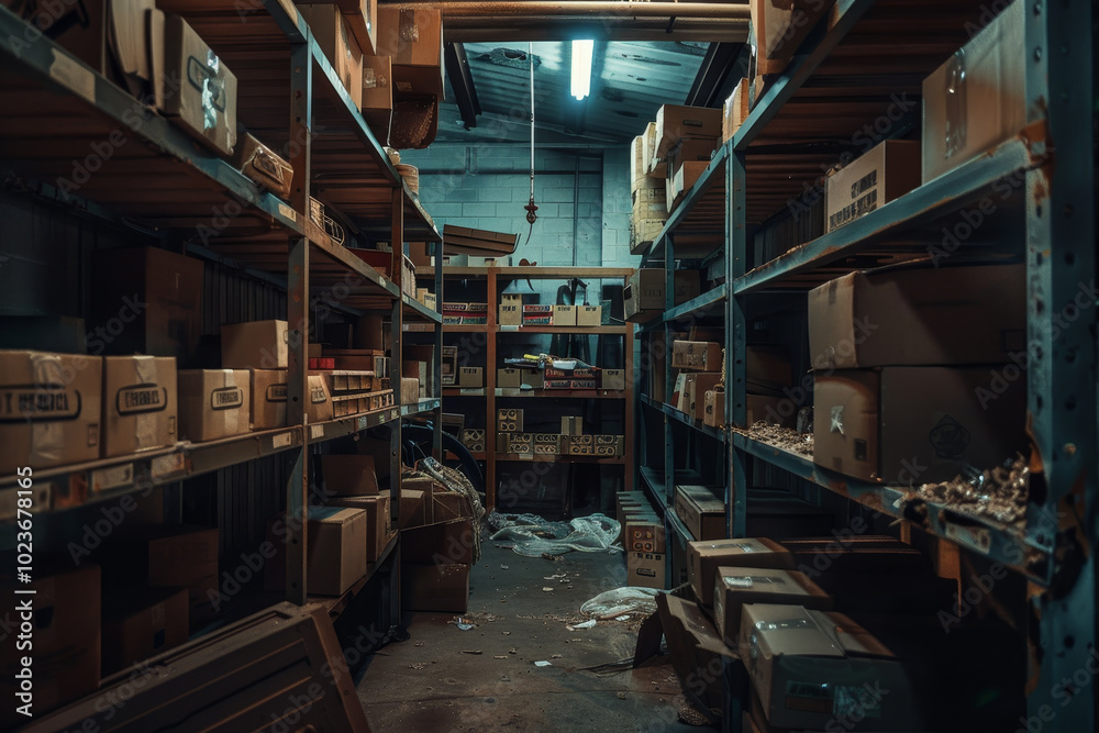 Fototapeta premium A warehouse with many boxes on the shelves