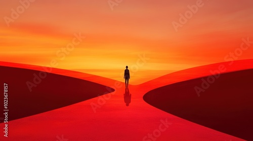 A person stands at a crossroads under a vibrant orange sunset, AI