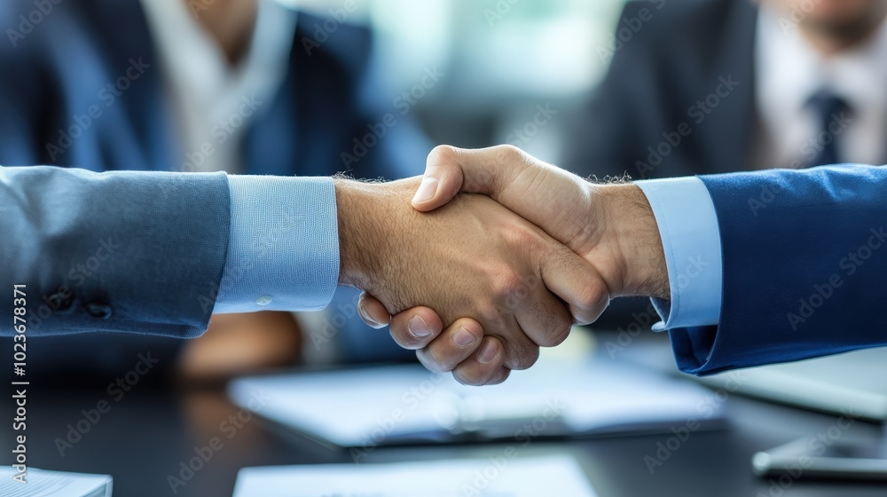 Two business professionals shake hands to finalize a partnership agreement during a meeting in a modern office setting Two business professionals shake hands to finalize a partnership agreement during a meeting in a modern office setting
