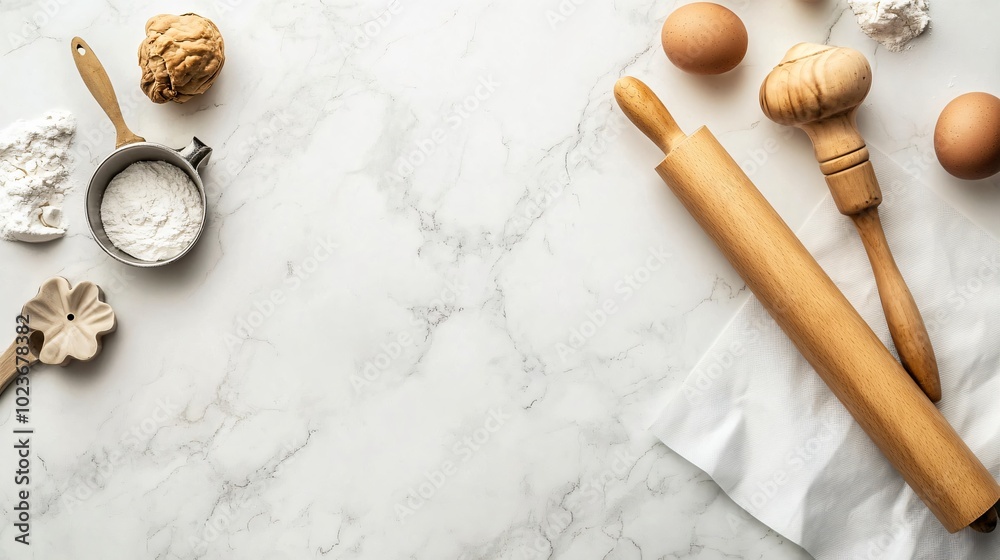 Kitchen counter with baking ingredients and utensils. Kitchen counter with baking ingredients and utensils.