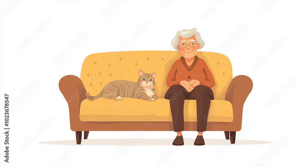 elderly woman sitting in sofa in living room, cat is sleeping on her lap, flat, colorful, simple, and minimalistic, style. White background. Senior woman in good health with cat for company. elderly woman sitting in sofa in living room, cat is sleeping on her lap, flat, colorful, simple, and minimalistic, style. White background. Senior woman in good health with cat for company.