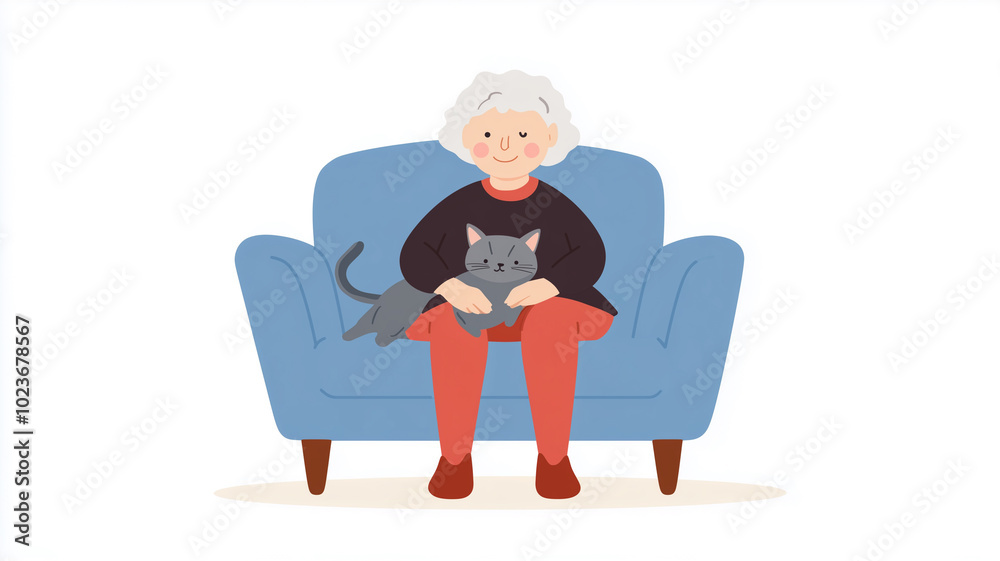 elderly woman sitting in sofa in living room, cat is sleeping on her lap, flat, colorful, simple, and minimalistic, style. White background. Senior woman in good health with cat for company. elderly woman sitting in sofa in living room, cat is sleeping on her lap, flat, colorful, simple, and minimalistic, style. White background. Senior woman in good health with cat for company.