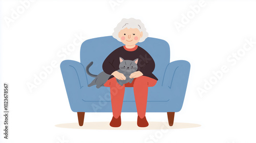 elderly woman sitting in sofa in living room, cat is sleeping on her lap, flat, colorful, simple, and minimalistic, style. White background. Senior woman in good health with cat for company.