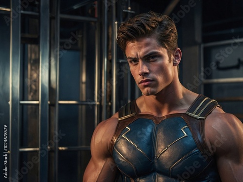 A realistic muscular young male superhero poses confidently in a dark, industrial setting, showcasing his strength and determination.