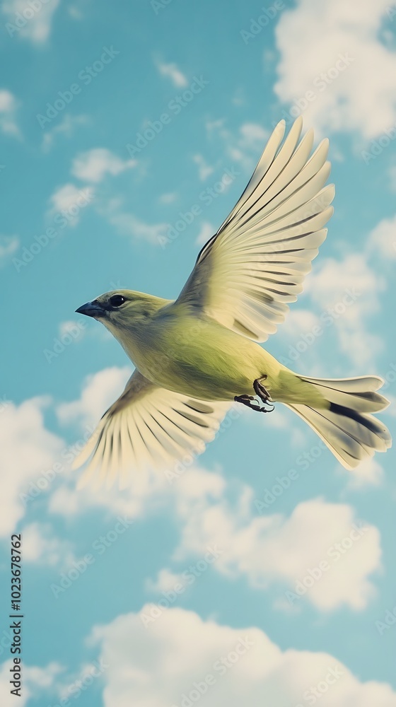 Fototapeta premium Green-backed Becard Bird Flying in Nature Under Blue Sky, Photo Realistic, Pattern Background, Wallpaper, Cover and Screen for Smartphone, PC, Laptop, 9:16 and 16:9 Format