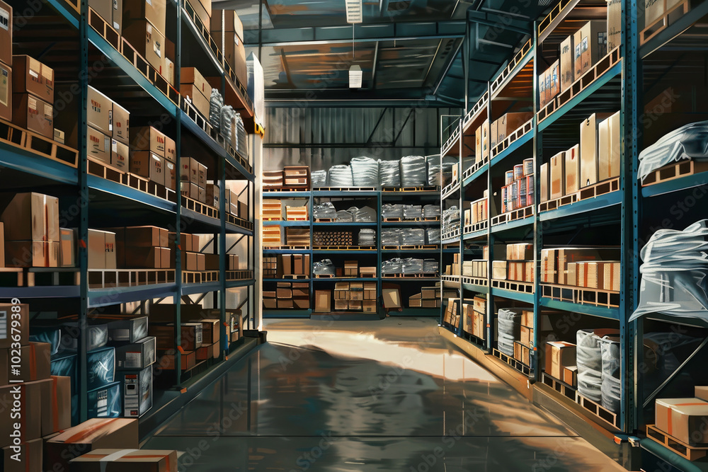 A large warehouse with many boxes on the shelves A large warehouse with many boxes on the shelves