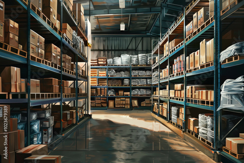 A large warehouse with many boxes on the shelves