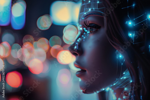 A woman's face is lit up with bright lights, giving it a futuristic