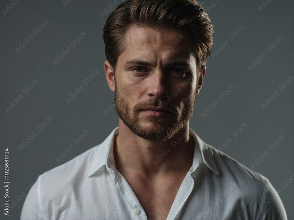 A focused man with a beard in a white shirt poses against a gray background during a studio shoot in the late afternoon light. A focused man with a beard in a white shirt poses against a gray background during a studio shoot in the late afternoon light.