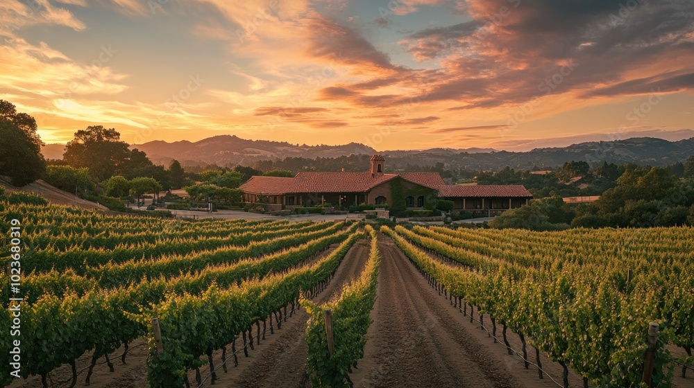 Vineyard Winery Building at Sunset with Rows of Grapevines