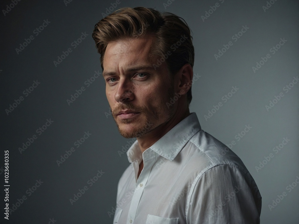 A man poses thoughtfully in a white shirt against a moody background during a studio shoot, capturing a moment of introspection. A man poses thoughtfully in a white shirt against a moody background during a studio shoot, capturing a moment of introspection.