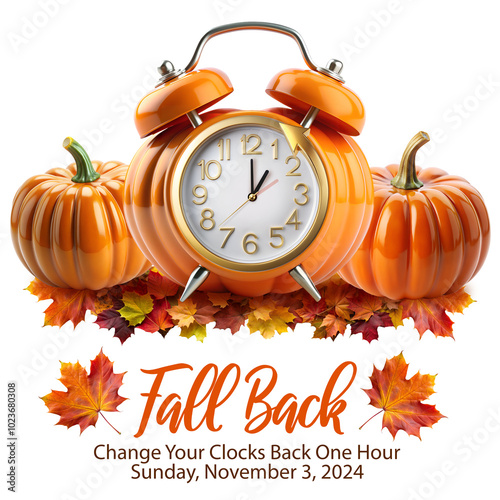 Daylight Saving Time Ends. Fall Back informational banner with pumpkin clock that turns the clock back an hour, fall leaves and text instructions for turning the clock back an hour on November 3, 2024 photo