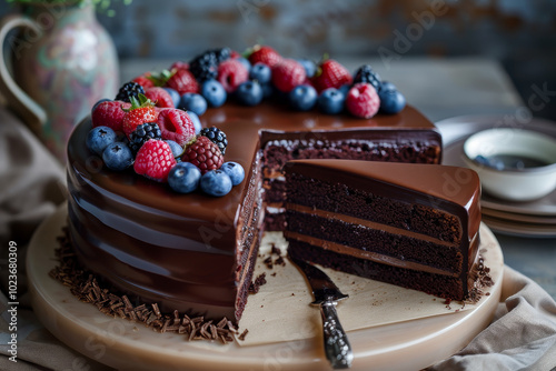 A chocolate cake with blueberries and strawberries on top photo