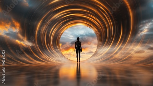 Silhouette of a person standing in a glowing tunnel at sunset, evoking mystery and wonder, AI