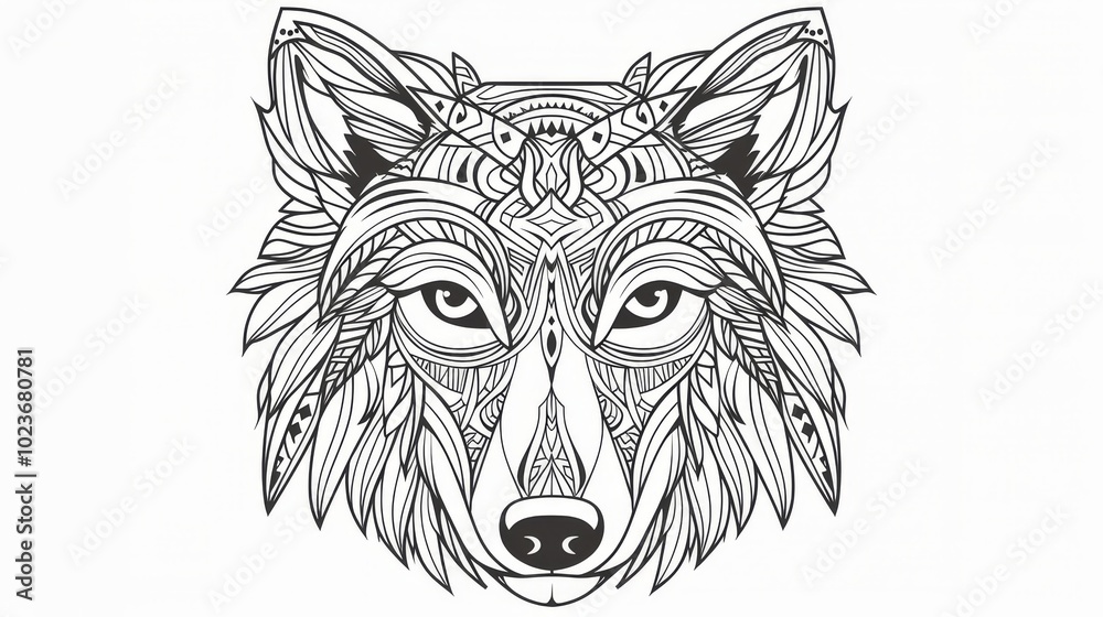 Fototapeta premium Detailed black and white wolf head mandala design, perfect for coloring books, tattoo art, or decorative prints.