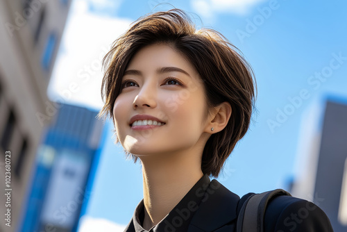 青空の下で笑顔を浮かべる女性、都市のビル街を背景にした午後のひととき photo