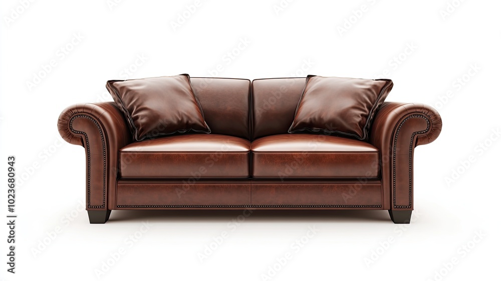 Fototapeta premium A rich brown leather sofa with two plush pillows placed on each end, displayed on a white background, emphasizing its timeless and luxurious appeal.