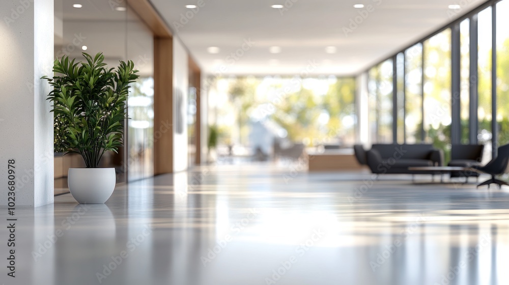 Modern office interior with plants and seating, emphasizing a bright and open atmosphere.