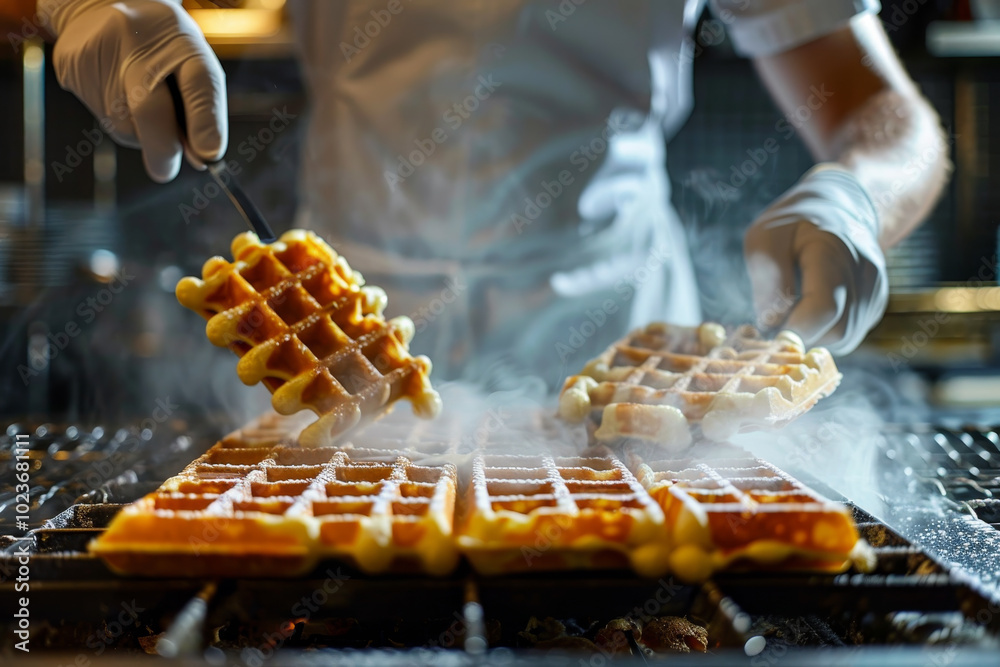 Obraz premium A chef is making waffles on a grill, with steam rising from the waffles