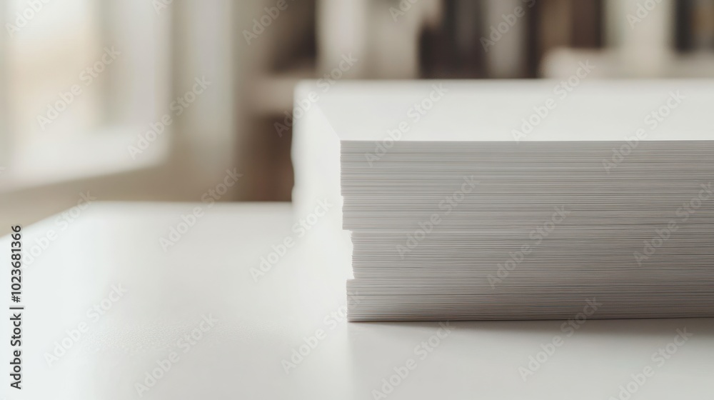 A stack of blank white paper on a table, suggesting organization and preparation for use. A stack of blank white paper on a table, suggesting organization and preparation for use.