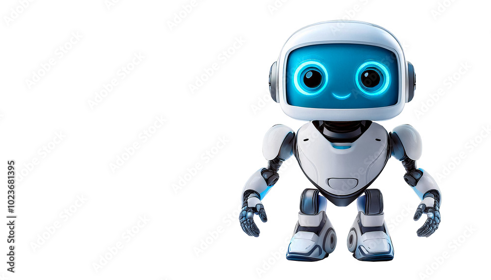 Small, cute, cartoon robot with a square torso and head, legs - crawler walk and blue eyes, on white background Small, cute, cartoon robot with a square torso and head, legs - crawler walk and blue eyes, on white background