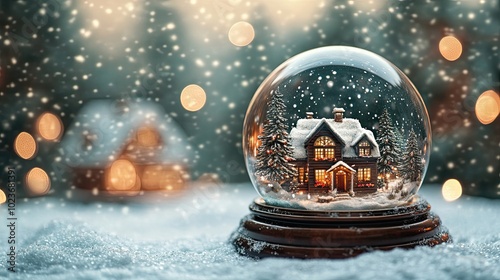 A whimsical snow globe depicting a cozy winter house surrounded by falling snowflakes and soft bokeh lights. Blank space for text and design