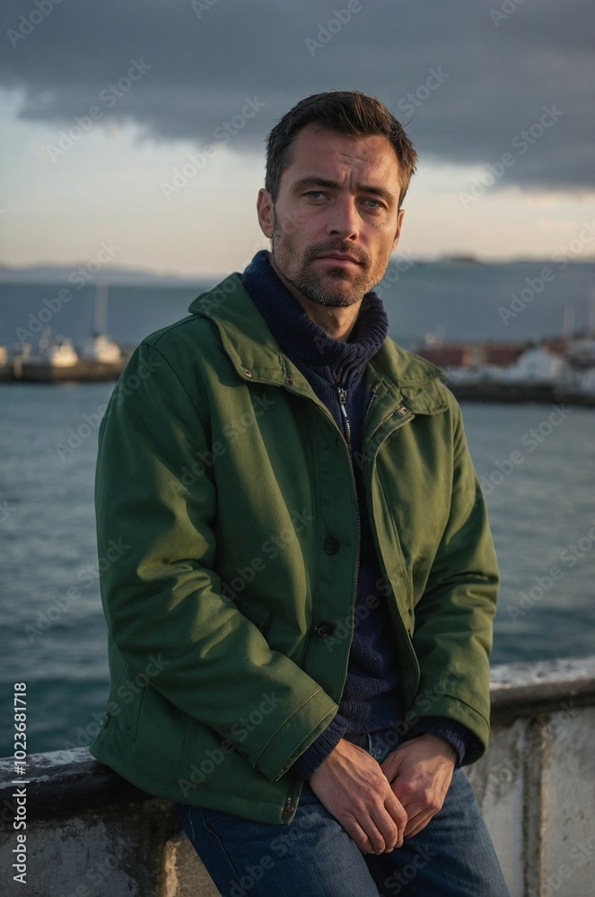 A man in his thirties gazes at the sunset over the water while standing near a harbor in a serene coastal location.