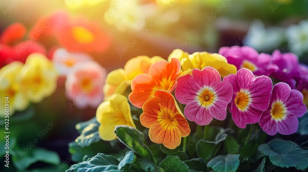 Colorful primroses in garden.
