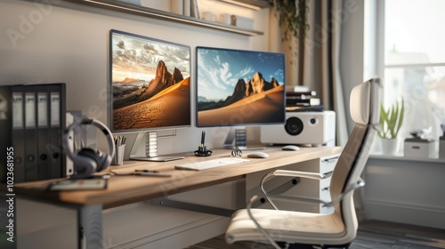 Zen Workspace Stylish Home Office with Dual Monitors Modern Desk Chair and Organized Stationery for Productive Work Environment