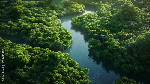 Jungle Serenity Aerial View of Pristine River Cutting Through Lush Rainforest