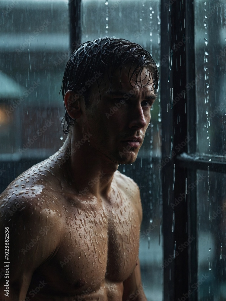 A man stands on the edge of a window, gazing thoughtfully as rain pours down the glass at dusk in an urban setting. A man stands on the edge of a window, gazing thoughtfully as rain pours down the glass at dusk in an urban setting.