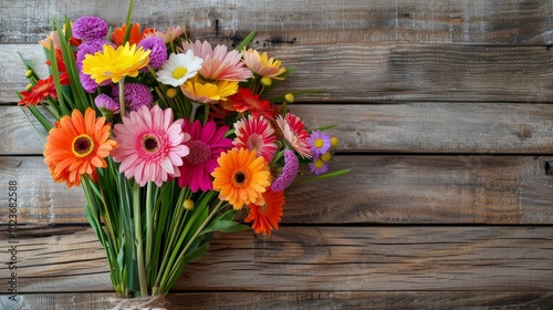 Blooming Beauty Vibrant Floral Bouquet on Rustic Wooden Background Perfect for Spring Mother's Day and Celebratory Occasions