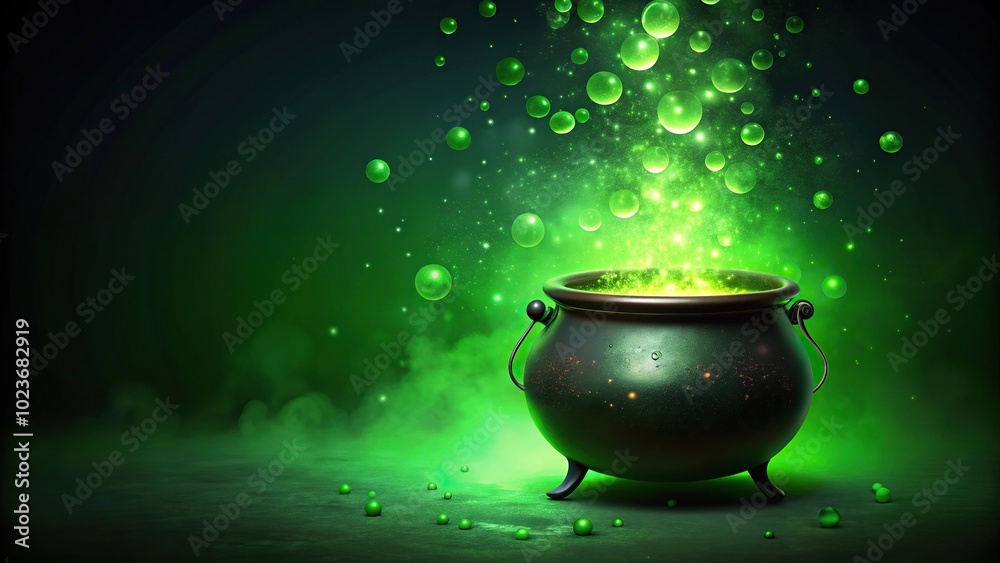 Halloween background with bubbling cauldron of green potion Halloween background with bubbling cauldron of green potion