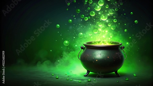 Halloween background with bubbling cauldron of green potion photo