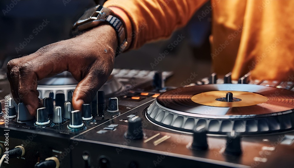 A closeup view of the disc jockey's hands turning the turntable knobs in the night club; selective focus; blurred background; musical instrument photography; night club dj playing a music set A closeup view of the disc jockey's hands turning the turntable knobs in the night club; selective focus; blurred background; musical instrument photography; night club dj playing a music set