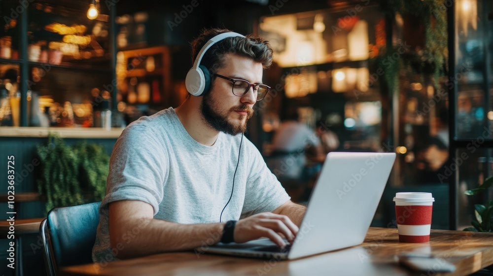 Young man working on a laptop in a cozy café with headphones and a coffee cup on the table during afternoon hours Young man working on a laptop in a cozy café with headphones and a coffee cup on the table during afternoon hours