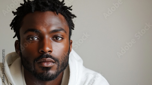 african american man, black hair and beard with some grey in it, wearing white hoodie, brown eyes, light skinned, medium build body type, background is plain white, headshot