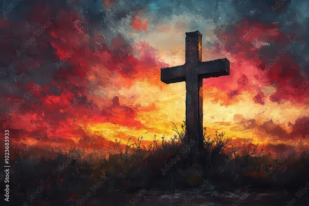 symbolic representation of the holy cross against a dramatic sky conveying profound themes of faith and hope with striking contrasts and rich colors evoking deep emotion and reflection symbolic representation of the holy cross against a dramatic sky conveying profound themes of faith and hope with striking contrasts and rich colors evoking deep emotion and reflection