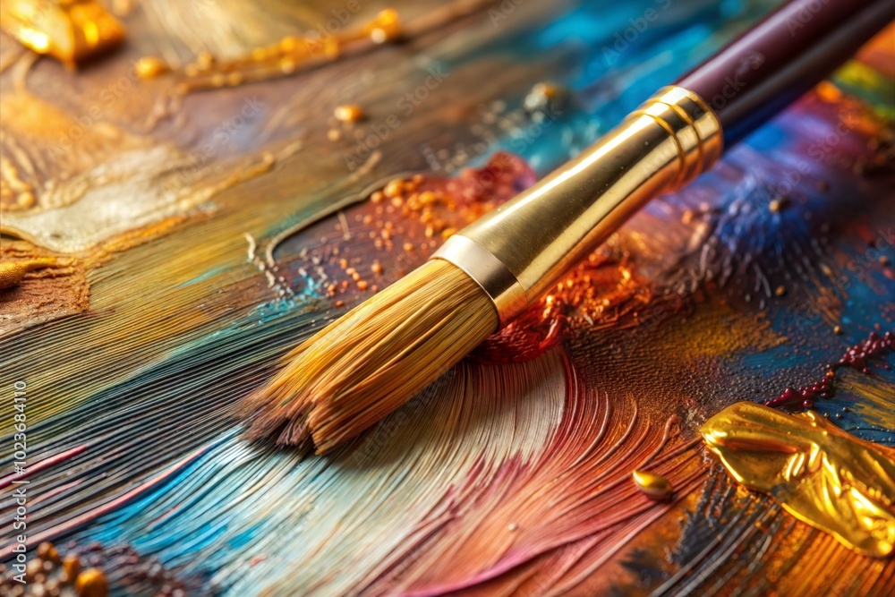Paintbrush resting on acrylic paint palette on canvas texture Paintbrush resting on acrylic paint palette on canvas texture