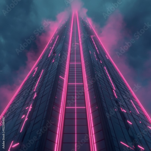 Clean and simple design of a skyscraper with retro-futuristic neon lights.