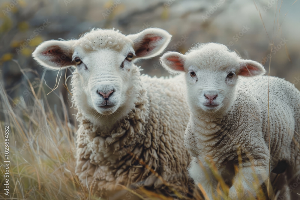 Two sheep standing in a field, one is a baby Two sheep standing in a field, one is a baby