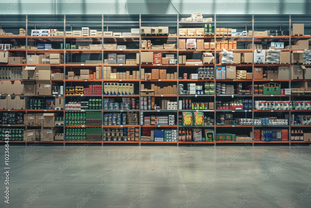 A large warehouse with many shelves of products A large warehouse with many shelves of products
