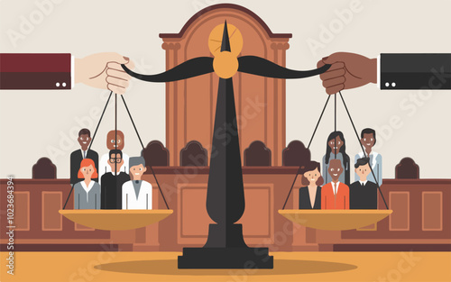 Justice scales with diverse human figures, inclusivity and morality.eps
