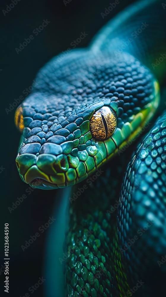Fototapeta premium snake, green, reptile, animal, nature, tree, python, wildlife, scales, wild, viper, eye, boa, serpent, zoo, poisonous, snakes, mamba, head, closeup, danger, dangerous, ecology