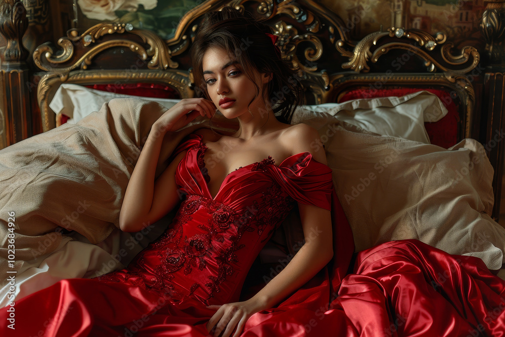 Fototapeta premium A woman in a red dress is laying on a bed