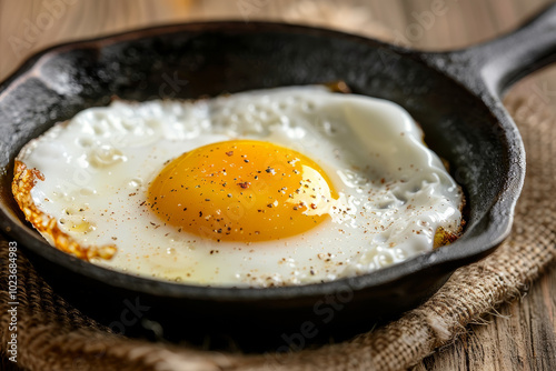 A fried egg with a sprinkle of pepper on top